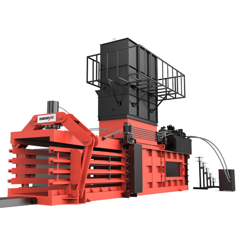 Industrial horizontal baling equipment processing waste materials in a recycling facility